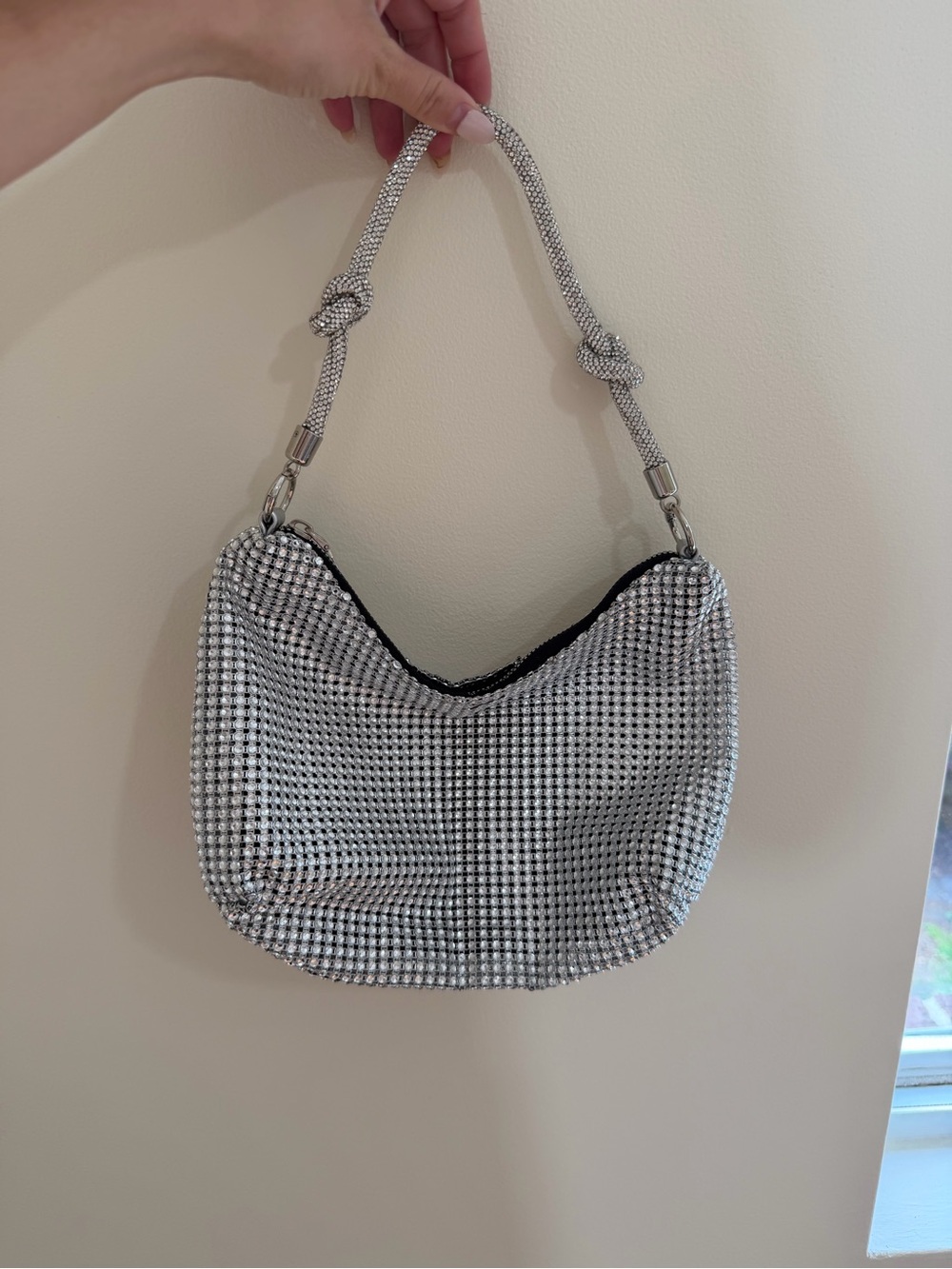 Silver Rhinestone Mesh Shoulder Bag - Women